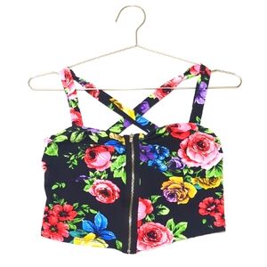 Vintage | 579 | Floral Zip | Crop Top | Bustier | Criss Cross Back | Colorful |